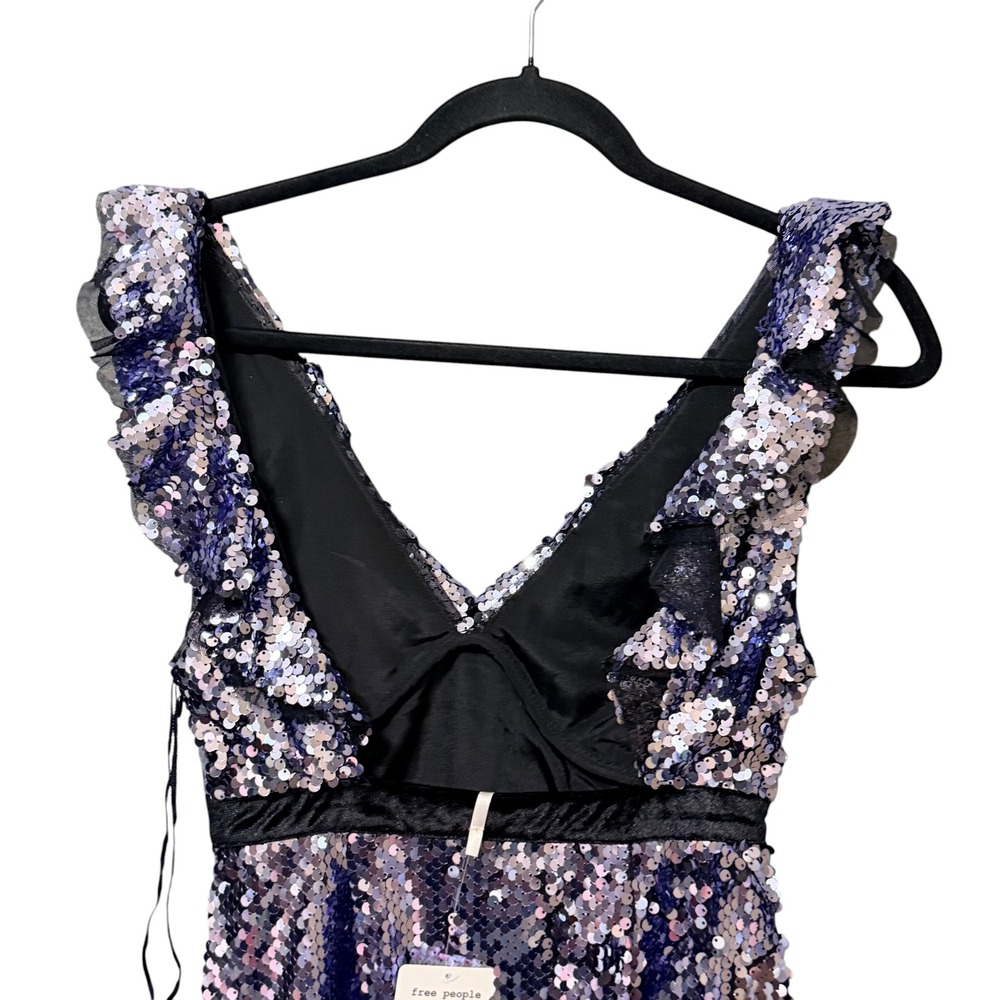 Free People Silver Blue Sequin Mini Dress V-Neck Open Back Ruffle Size 0 NEW - Picture 5 of 8